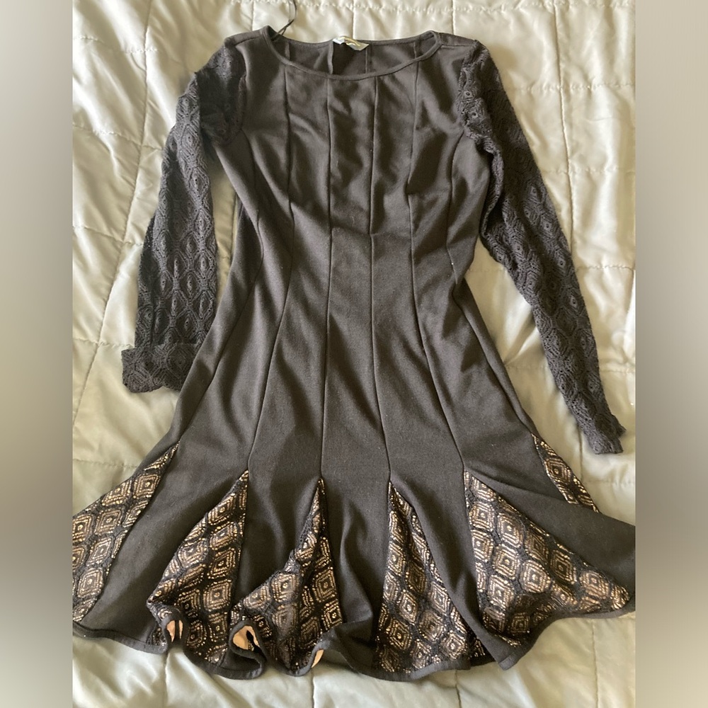 Catherine Melandrino Black Evening Dress w/ Full Skirt, Lacy Sleeves.